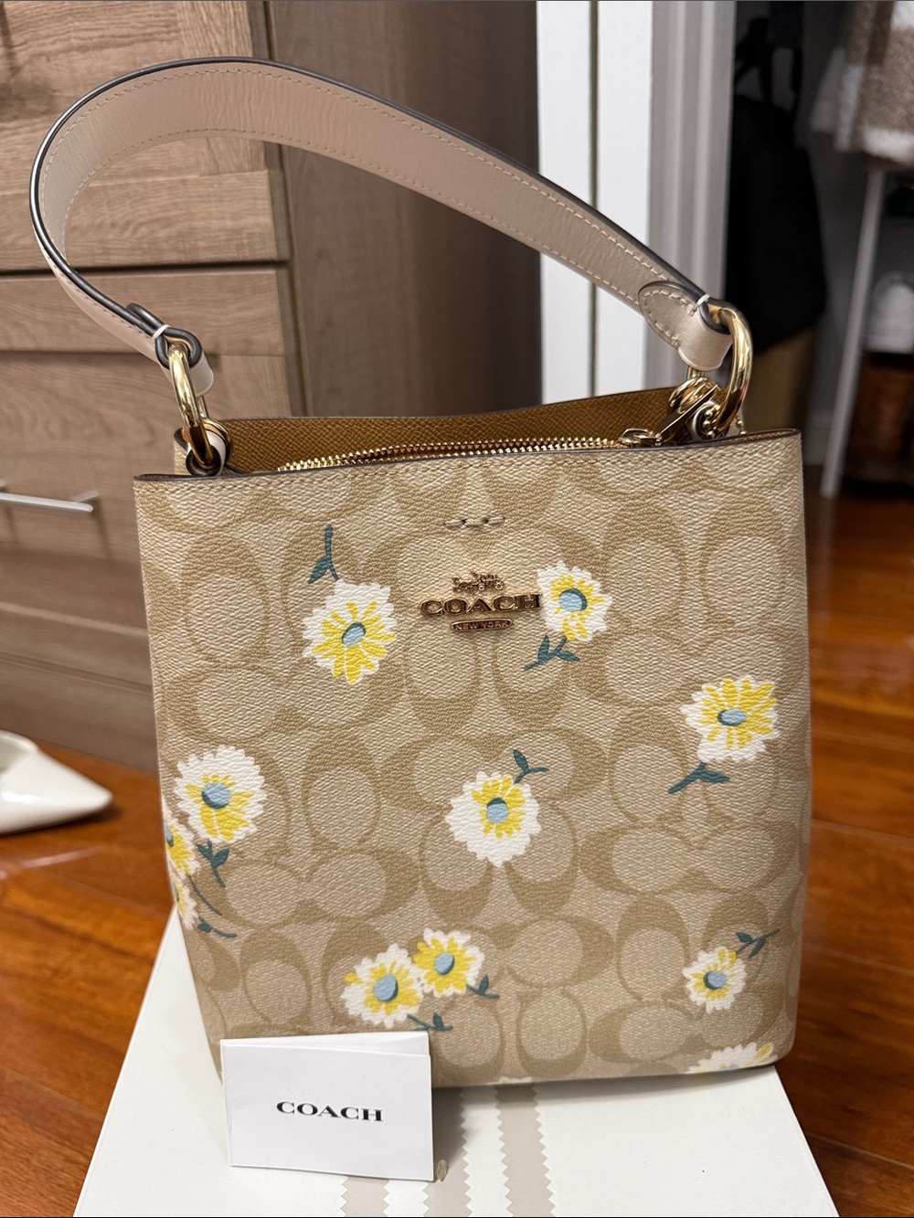 COACH Beige Signature Daisy Print Shoulder Bag with Yellow Accents